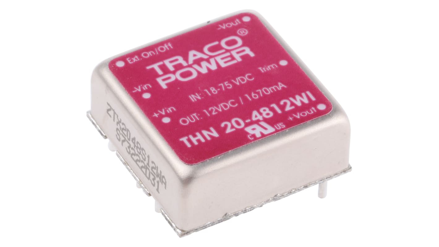 TRACOPOWER THN 20WI DC-DC Converter, 12V dc/ 1.67A Output, 18 → 75 V dc Input, 20W, Through Hole, +85°C Max Temp