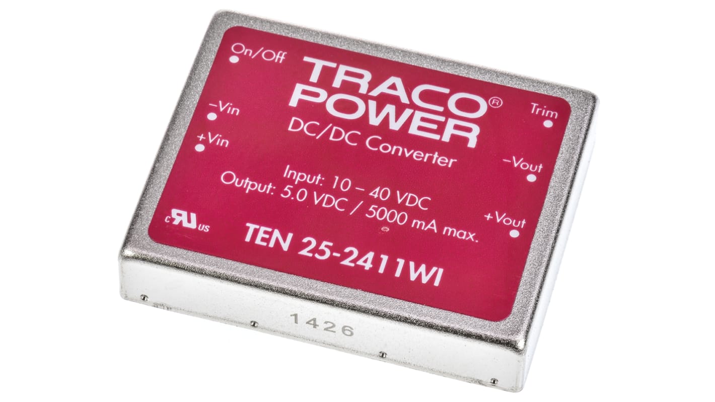 TRACOPOWER TEN 25WI DC-DC Converter, 5V dc/ 5A Output, 10 → 40 V dc Input, 25W, Through Hole, +85°C Max Temp