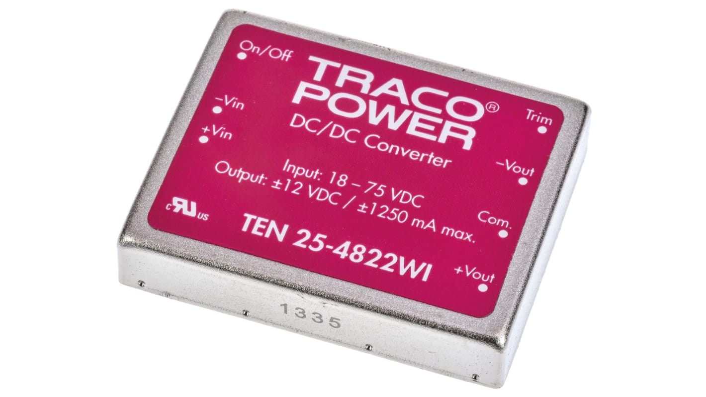 TRACOPOWER TEN 25WI DC-DC Converter, ±12V dc/ ±1.25A Output, 18 → 75 V dc Input, 25W, Through Hole, +85°C Max