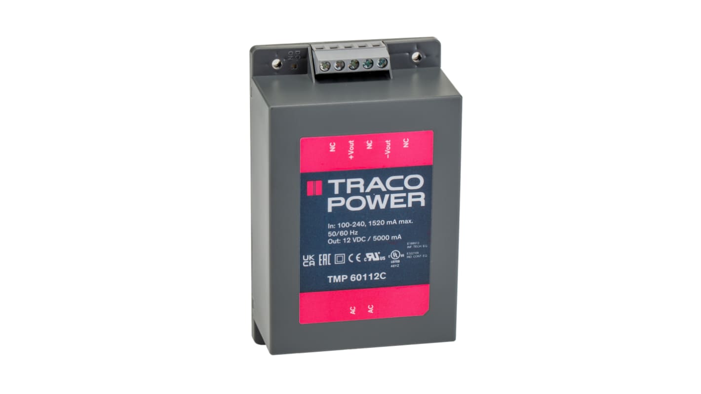 TRACOPOWER Switching Power Supply, TMP 60112C, 12V dc, 5A, 60W, 1 Output, 120 → 370 V dc, 85 → 264 V ac