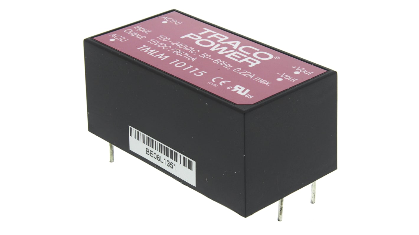 TRACOPOWER Switching Power Supply, TMLM 10115, 15V dc, 667mA, 10W, 1 Output, 90 → 264V ac Input Voltage