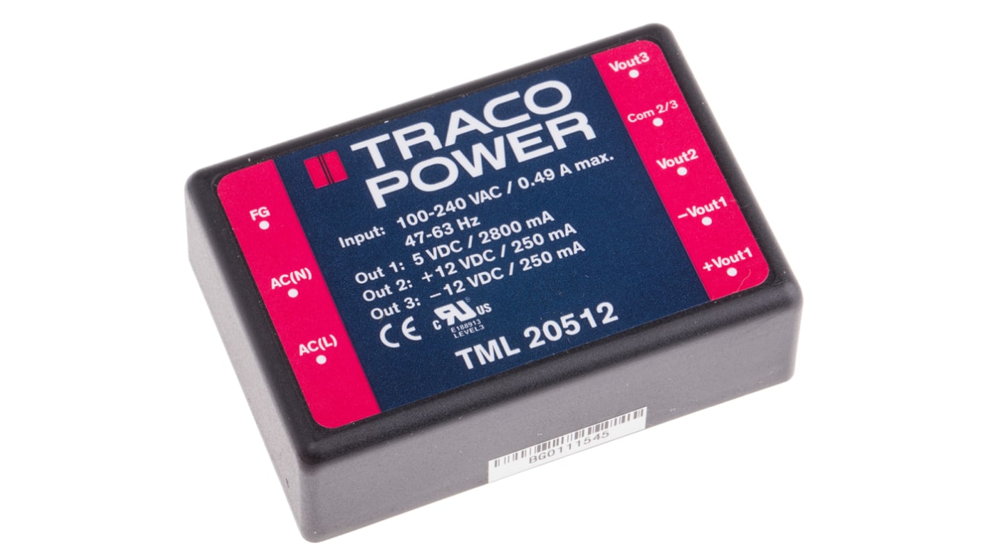 TRACOPOWER Switching Power Supply, TML 20512, 5 V dc, ±12 V dc, 2.8 A, 250 mA, 20W, Triple Output, 100 → 375 V