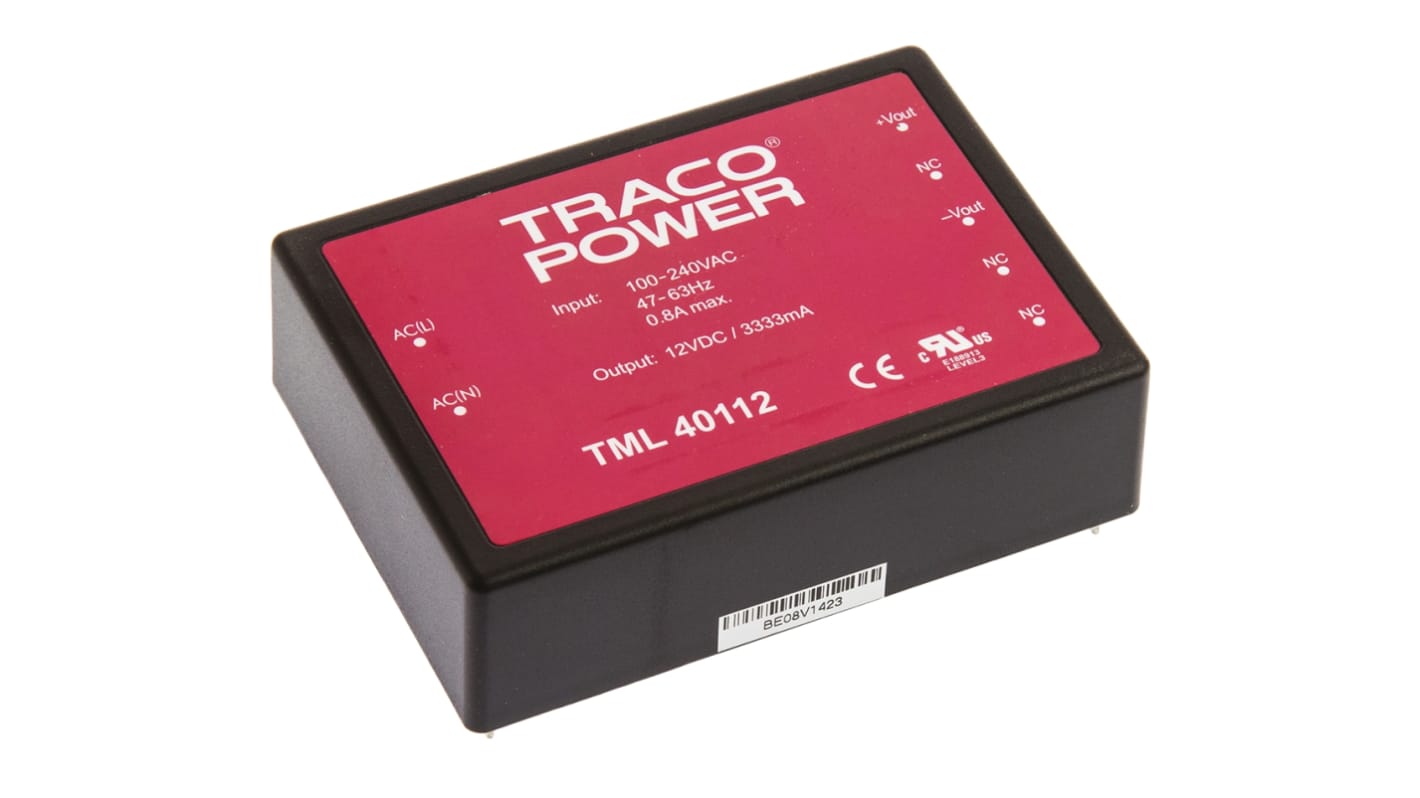 TRACOPOWER Switching Power Supply, TML 40112, 12V dc, 3.333A, 40W, 1 Output, 100 → 375 V dc, 90 → 264 V