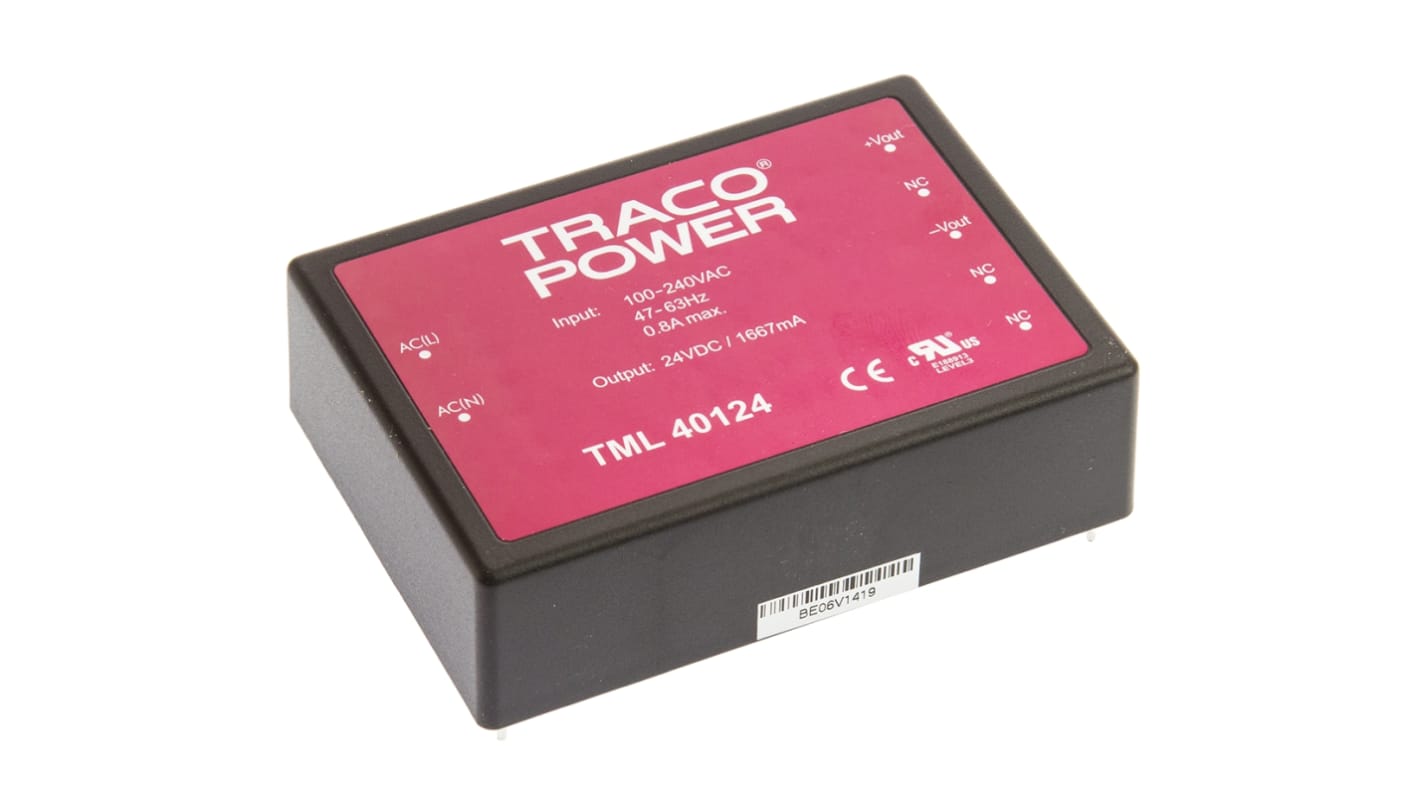 TRACOPOWER Switching Power Supply, TML 40124, 24V dc, 1.67A, 40W, 1 Output, 100 → 375 V dc, 90 → 264 V ac