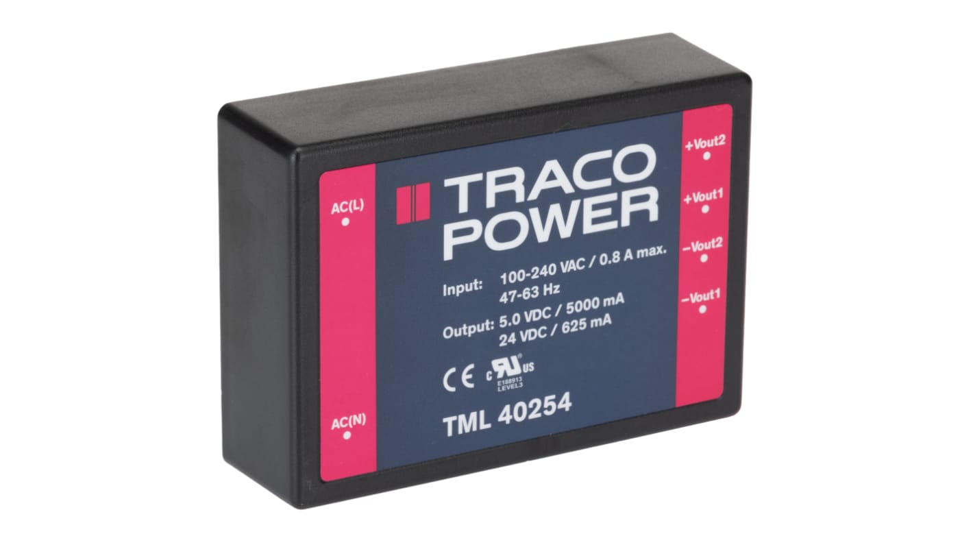TRACOPOWER Switching Power Supply, TML 40254, 5 V dc, 24 V dc, 5 A, 625mA, 40W, Dual Output, 100 → 375 V dc, 90