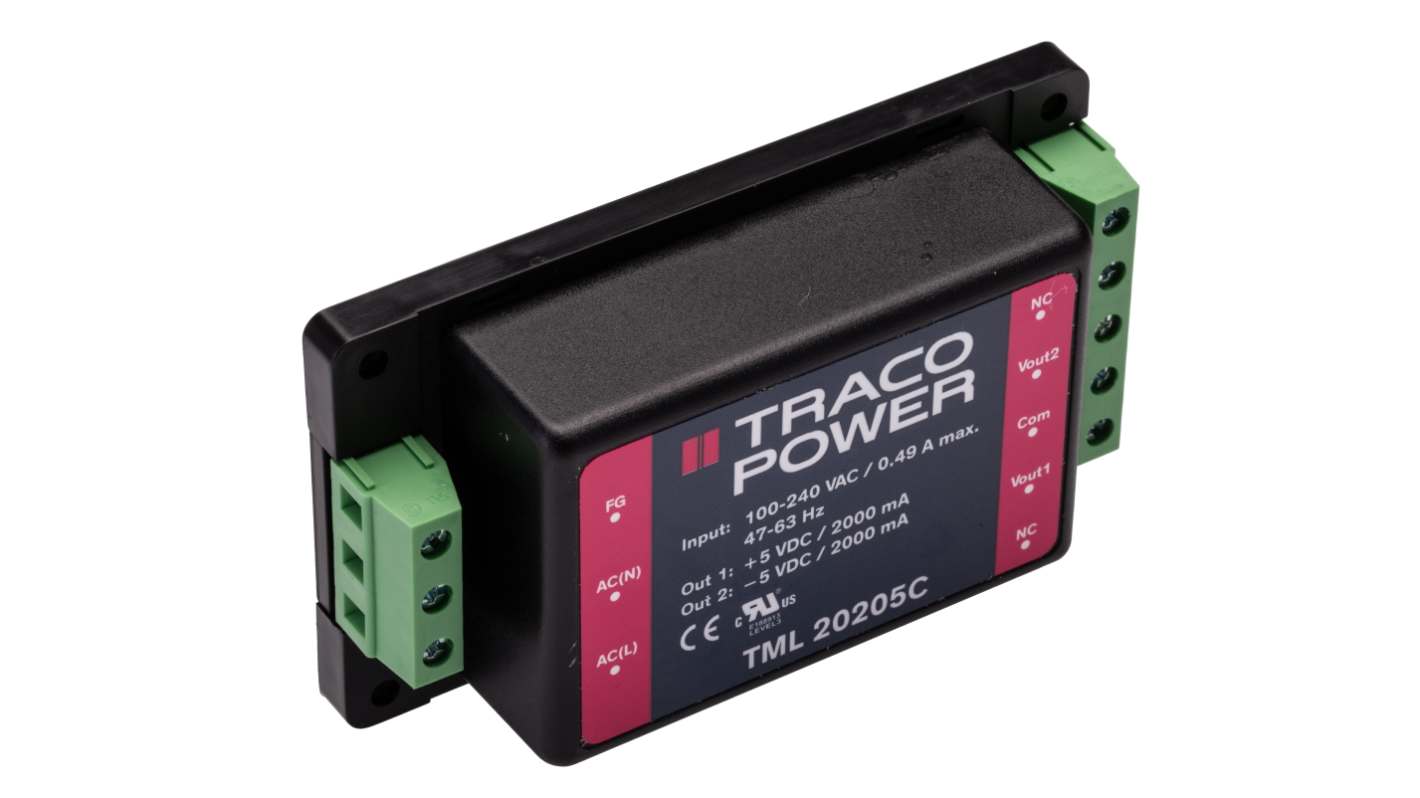 TRACOPOWER Switching Power Supply, TML 20205C, ±5V dc, 2A, 20W, Dual Output, 100 → 375 V dc, 90 → 264 V