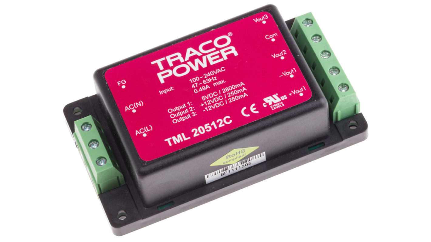 TRACOPOWER Switching Power Supply, TML 20512C, 5 V dc, ±12 V dc, 2.8 A, 250mA, 20W, Triple Output, 100 → 375 V