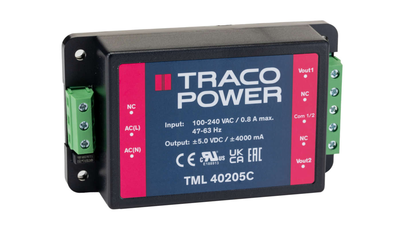 TRACOPOWER Switching Power Supply, TML 40205C, ±5V dc, 4A, 40W, Dual Output, 100 → 375 V dc, 90 → 264 V