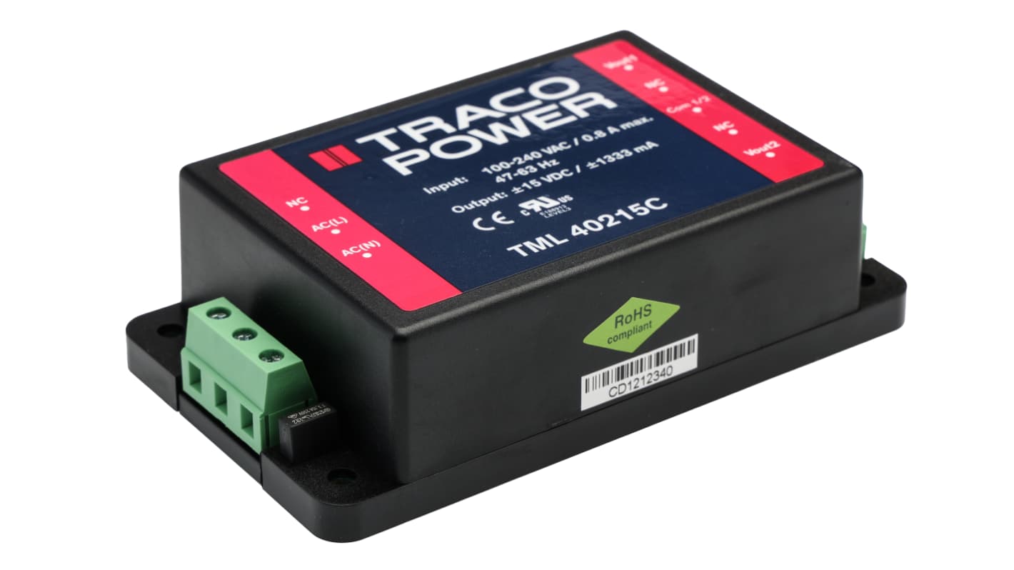 TRACOPOWER 40W开关电源, ±15V 直流, 1.333A, 2路输出, 底盘安装, TML系列