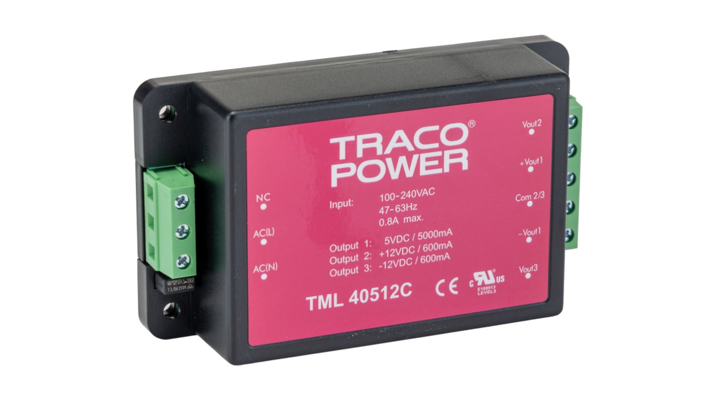 TRACOPOWER 40W开关电源, 5 V dc, ±12 V dc, 5 A, 600mA, 3路输出, 底盘安装, TML系列