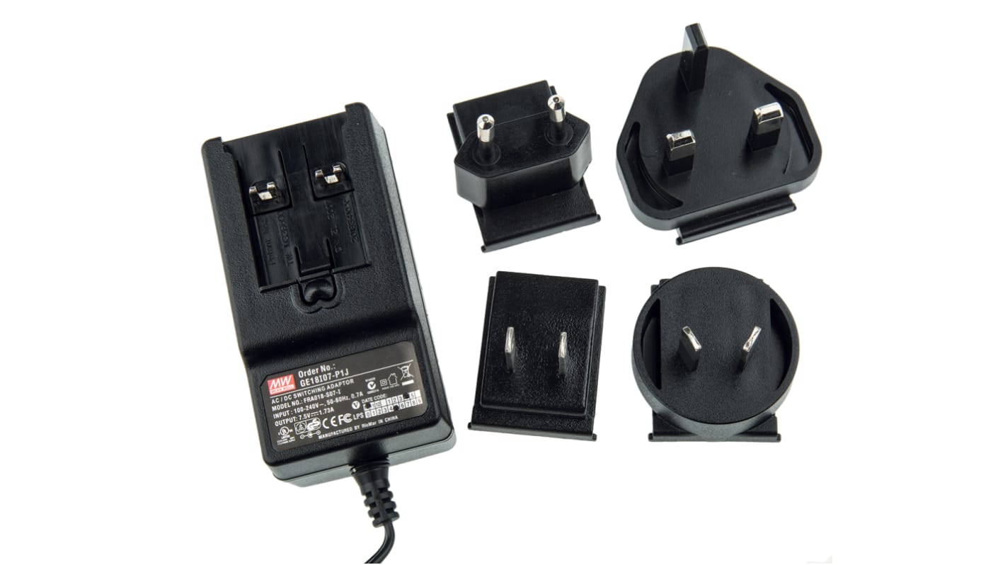 Adattatore AC/DC Adattatore ca/cc MEAN WELL 7.5V cc, 1.73A, spina Australia/Cina, connettore maschio europeo, Regno