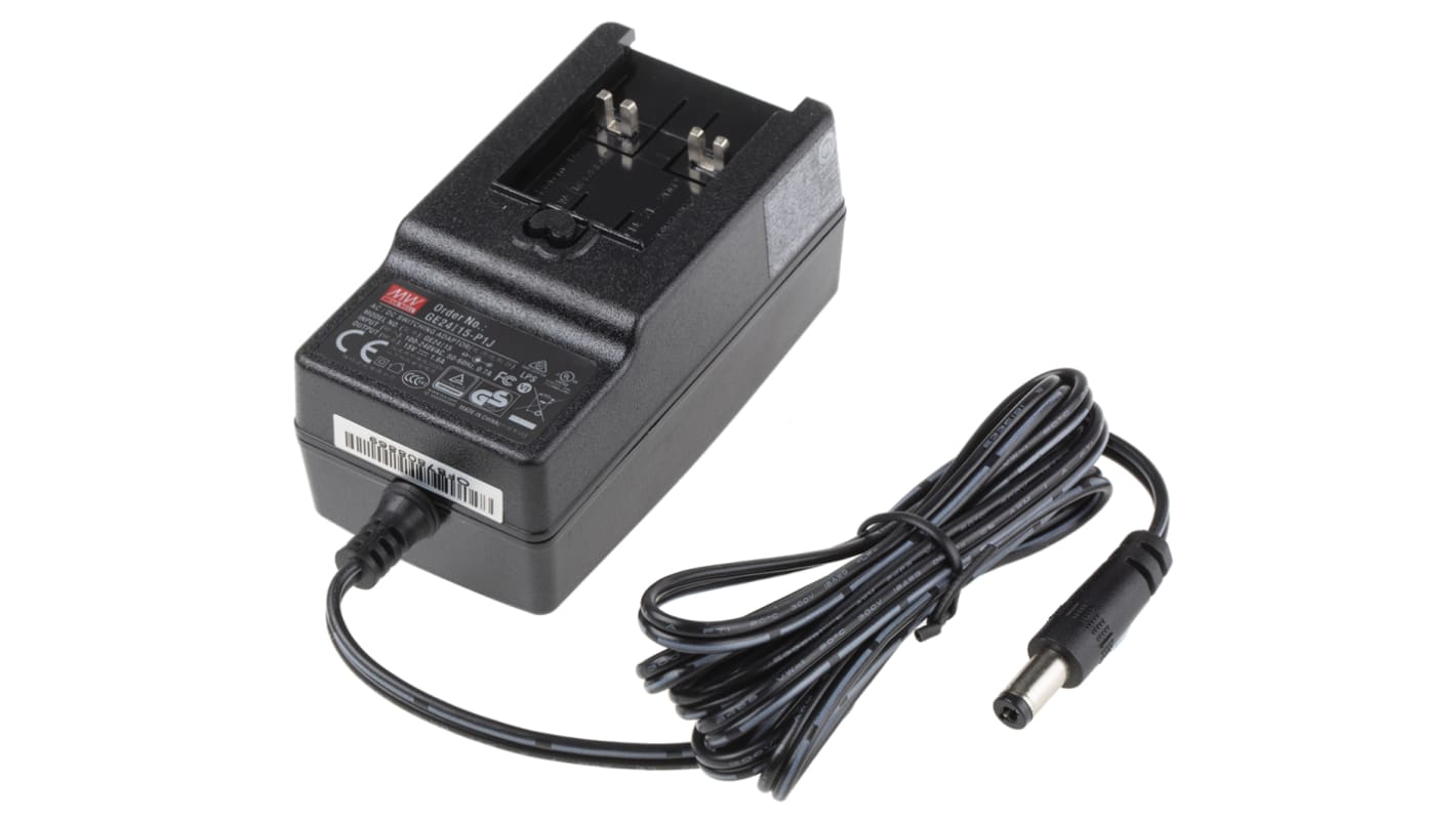 MEAN WELL 24W Plug-In AC/DC Adapter 15V dc Output, 1.6A Output