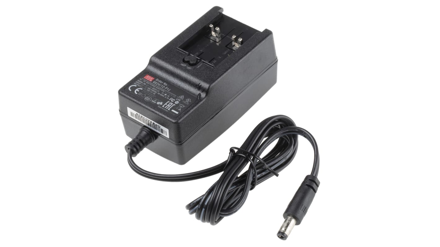 MEAN WELL 24W Plug-In AC/DC Adapter 12V dc Output, 2A Output