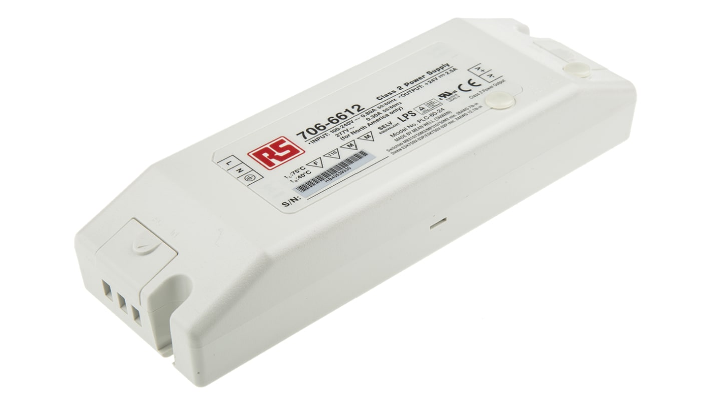 MEAN WELL LED Driver, 24V Output, 60W Output, 2.5A Output, Constant Voltage