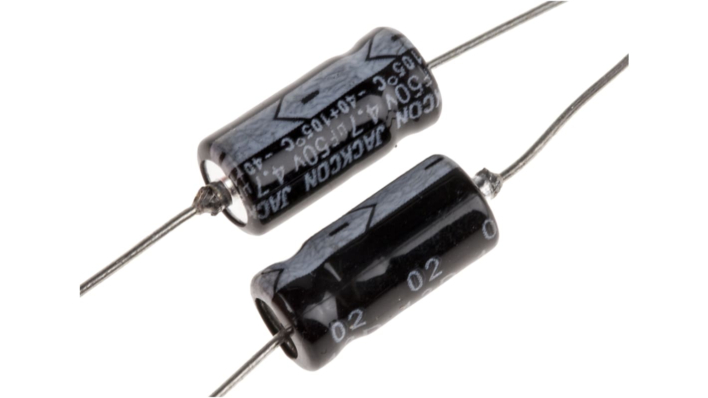 Condensador electrolítico RS PRO, 4.7μF, ±20%, 50V dc, Axial, Orificio pasante, 6 (Dia.) x 13mm