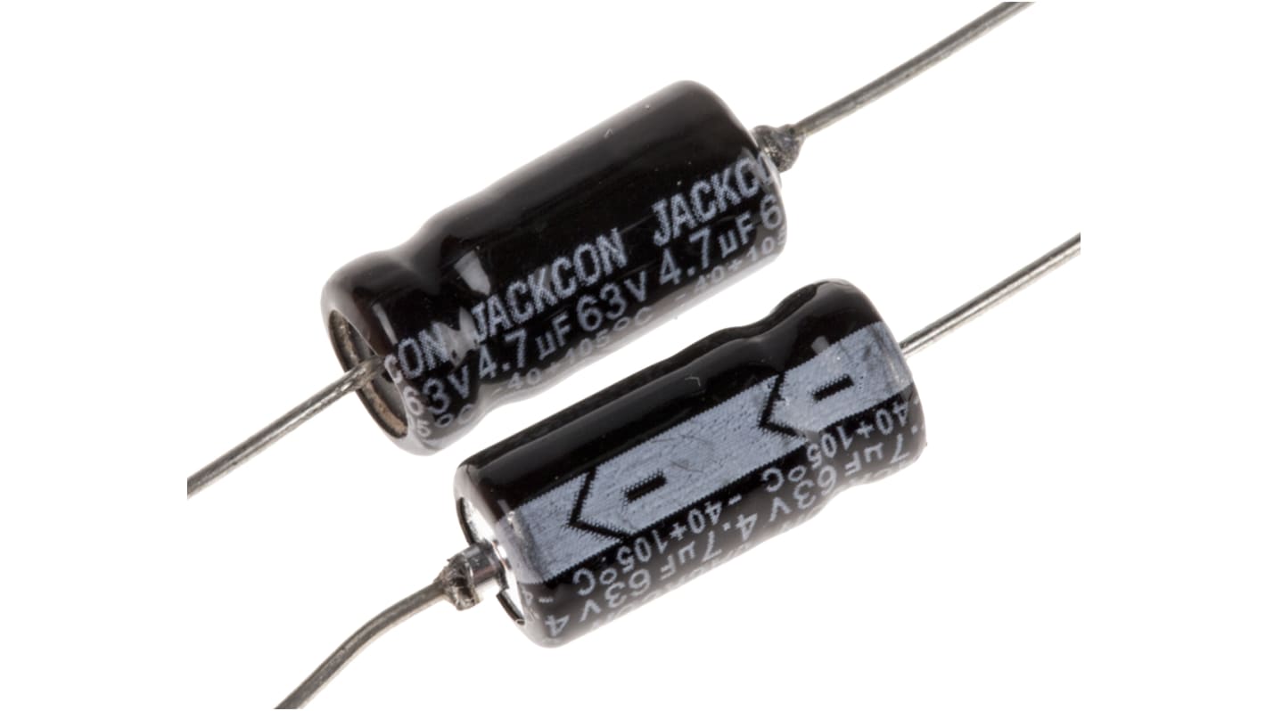 Condensador electrolítico RS PRO, 4.7μF, ±20%, 63V dc, Axial, Orificio pasante, 6 (Dia.) x 13mm