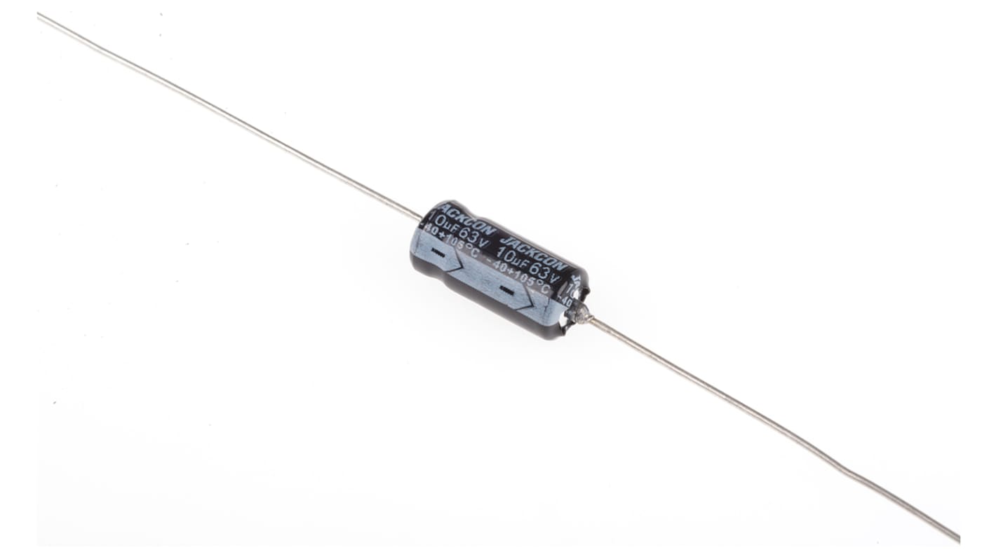 Condensador electrolítico RS PRO, 10μF, ±20%, 63V dc, Axial, Orificio pasante, 6 (Dia.) x 13mm