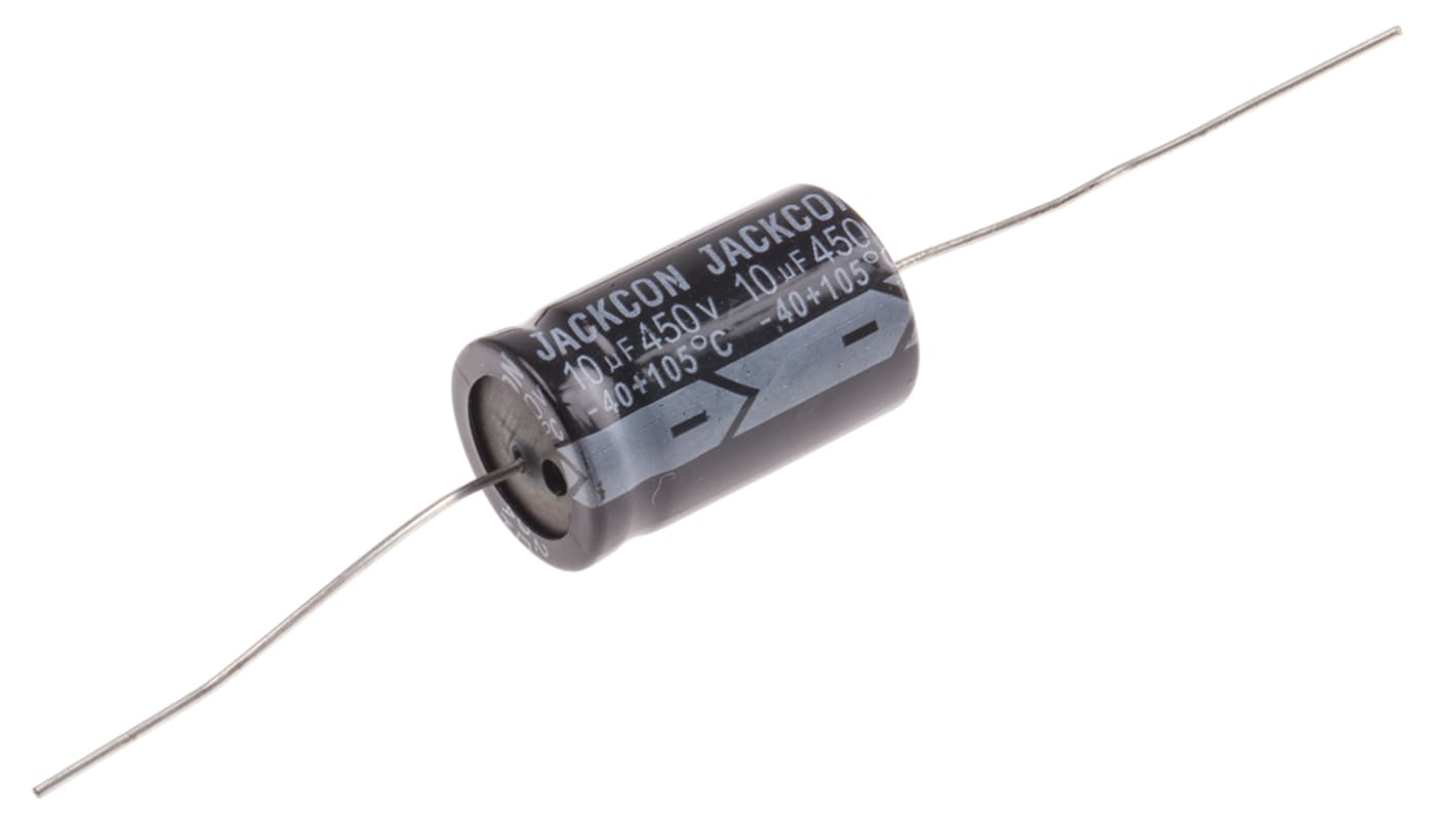 Condensador electrolítico RS PRO, 10μF, ±20%, 450V dc, Axial, Orificio pasante, 16 (Dia.) x 28mm