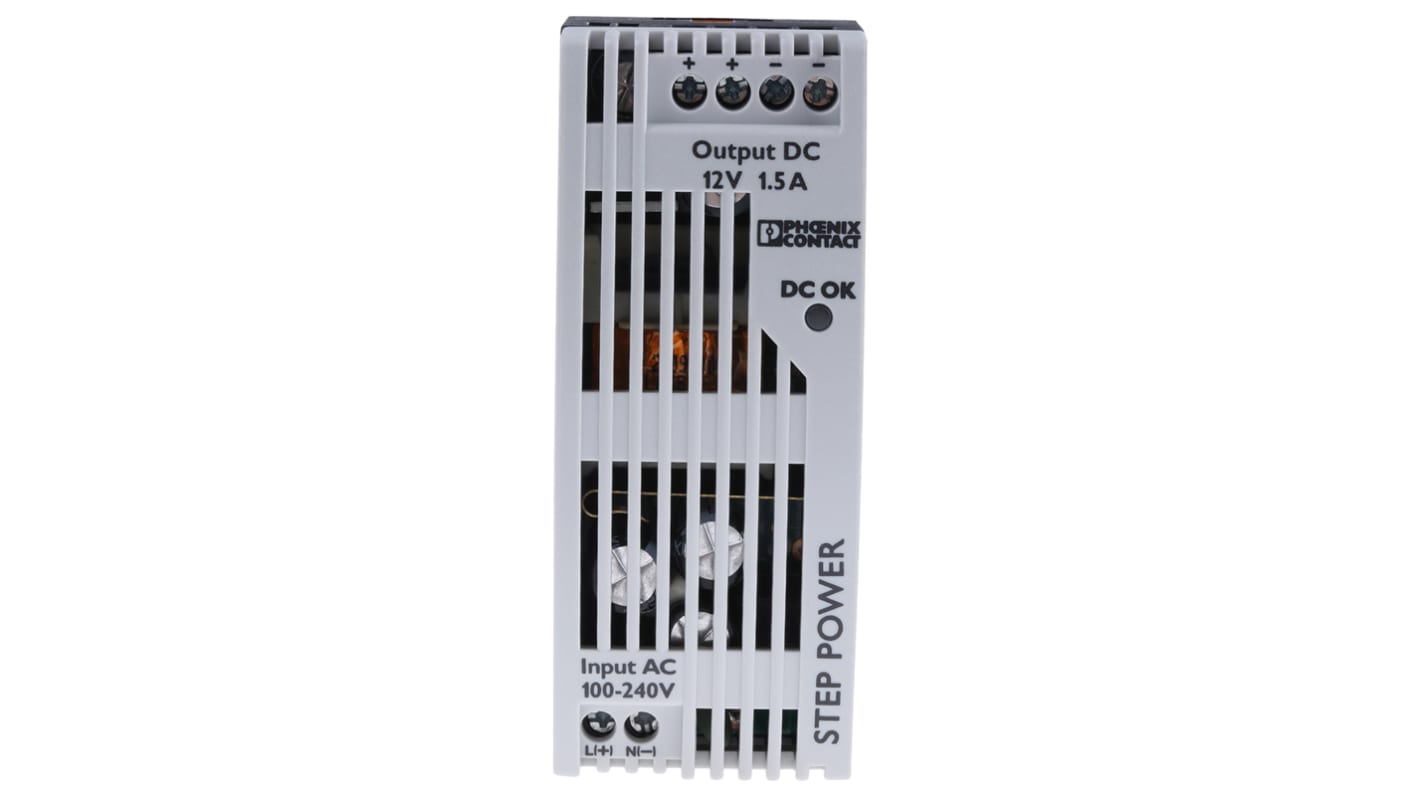 Phoenix Contact STEP POWER Switched Mode DIN Rail Power Supply, 85 → 264V ac ac Input, 12V dc dc Output, 1.5A