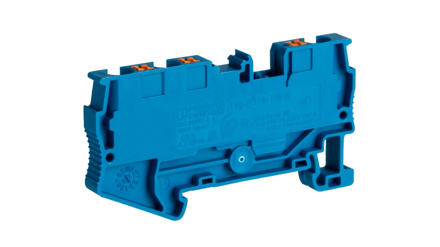 Phoenix Contact 3211775 PT 4-TWIN BU Series Blue, 0.2 → 6mm², Single-Level, Push In Termination