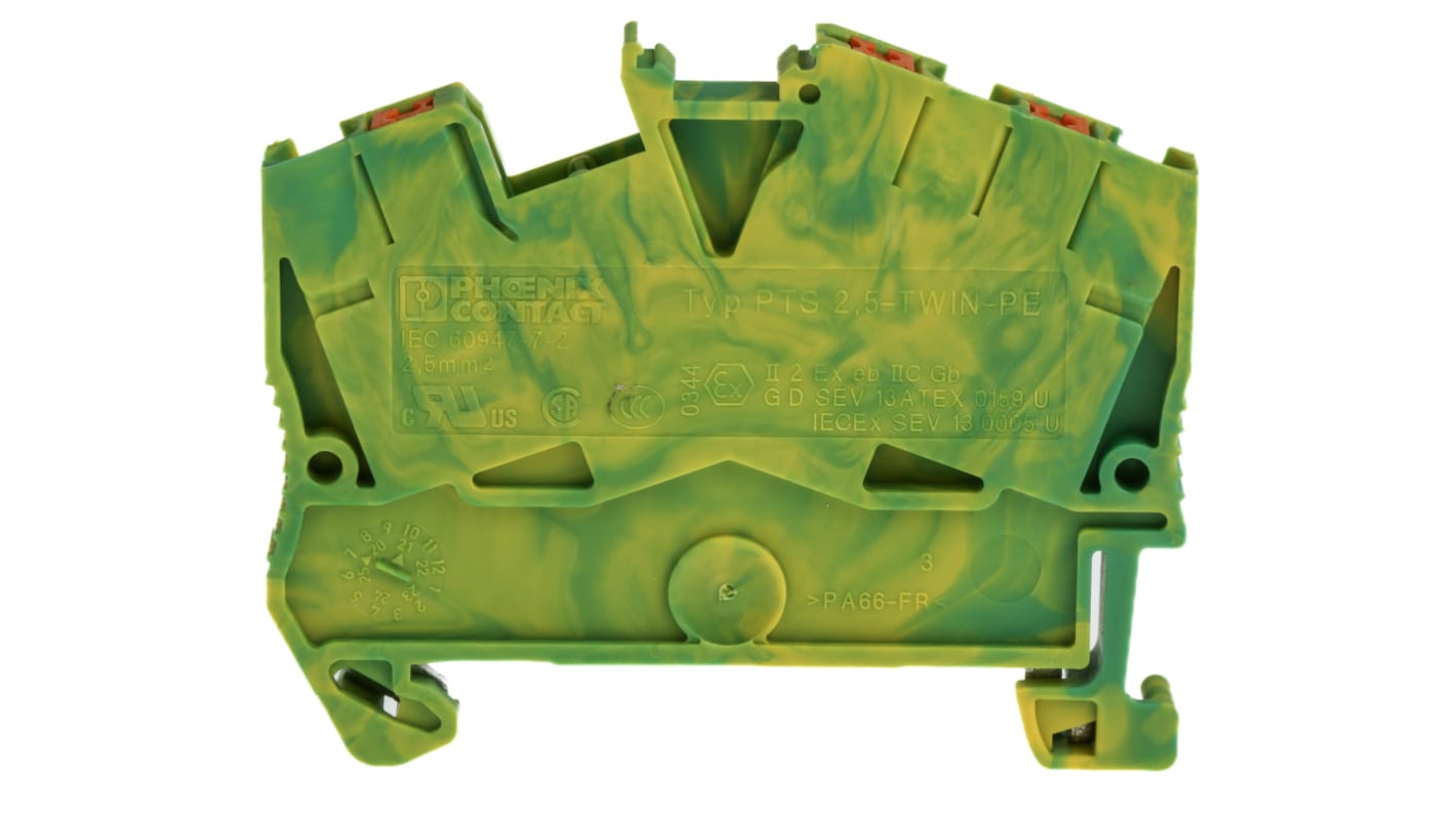 Bloc de mise à la terre PTS 2.5-TWIN-PE, 3 voies , raccordement Enfichable, 26 → 12 AWG, Vert/Jaune