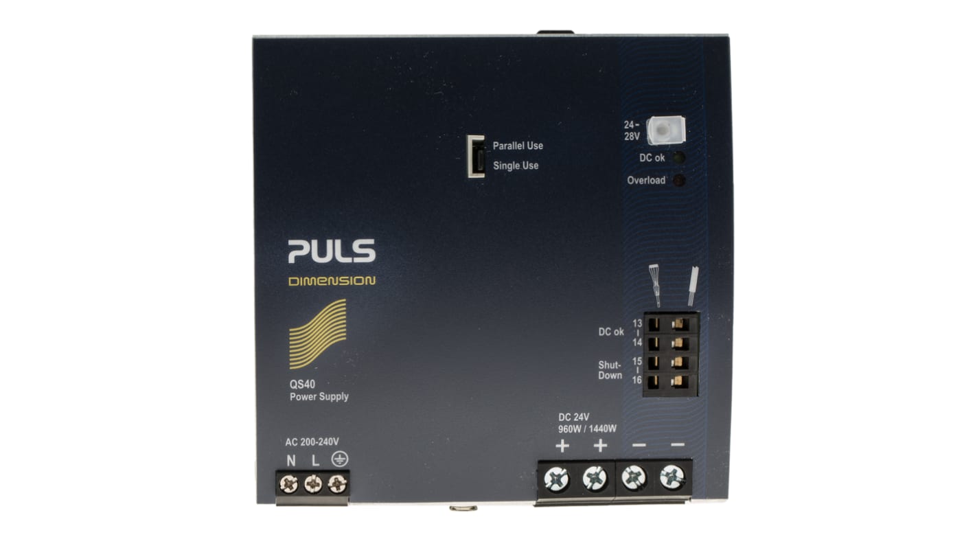 PULS DIN-sín tápellátás, 1 kimenet, 24V dc, 40A, BE: 200 → 240V ac, 960W