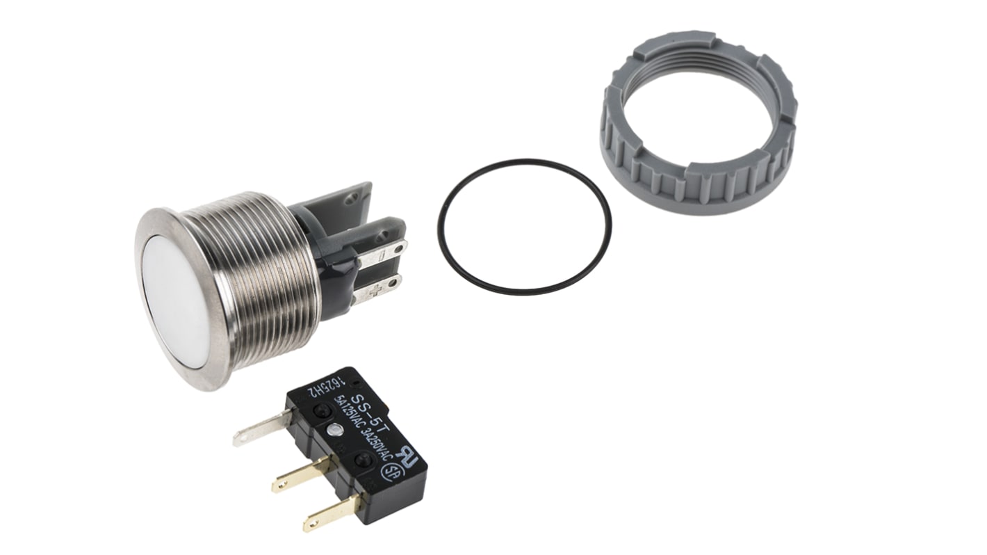 Schurter Illuminated Push Button Switch, Momentary, Panel Mount, 22mm Cutout, SPDT, Green LED, 250V ac, IP40