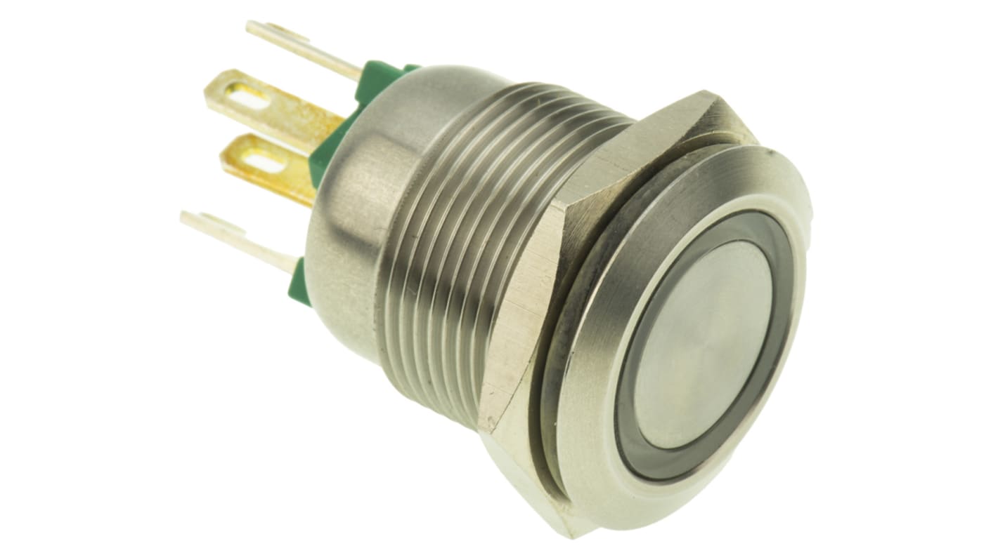Bulgin MPI002 Series Illuminated Push Button Switch, Momentary, Panel Mount, 19.2mm Cutout, SPST, Green LED, 24V dc,