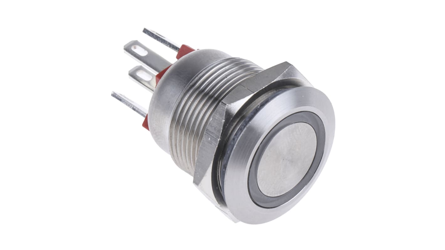 Bulgin MPI002 Series Illuminated Push Button Switch, Momentary, Panel Mount, 19.2mm Cutout, SPST, Red LED, 24V dc, IP66