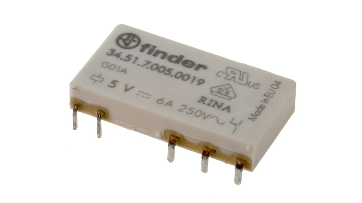 Finder PCB Mount Power Relay, 5V dc Coil, 6A Switching Current, SPDT