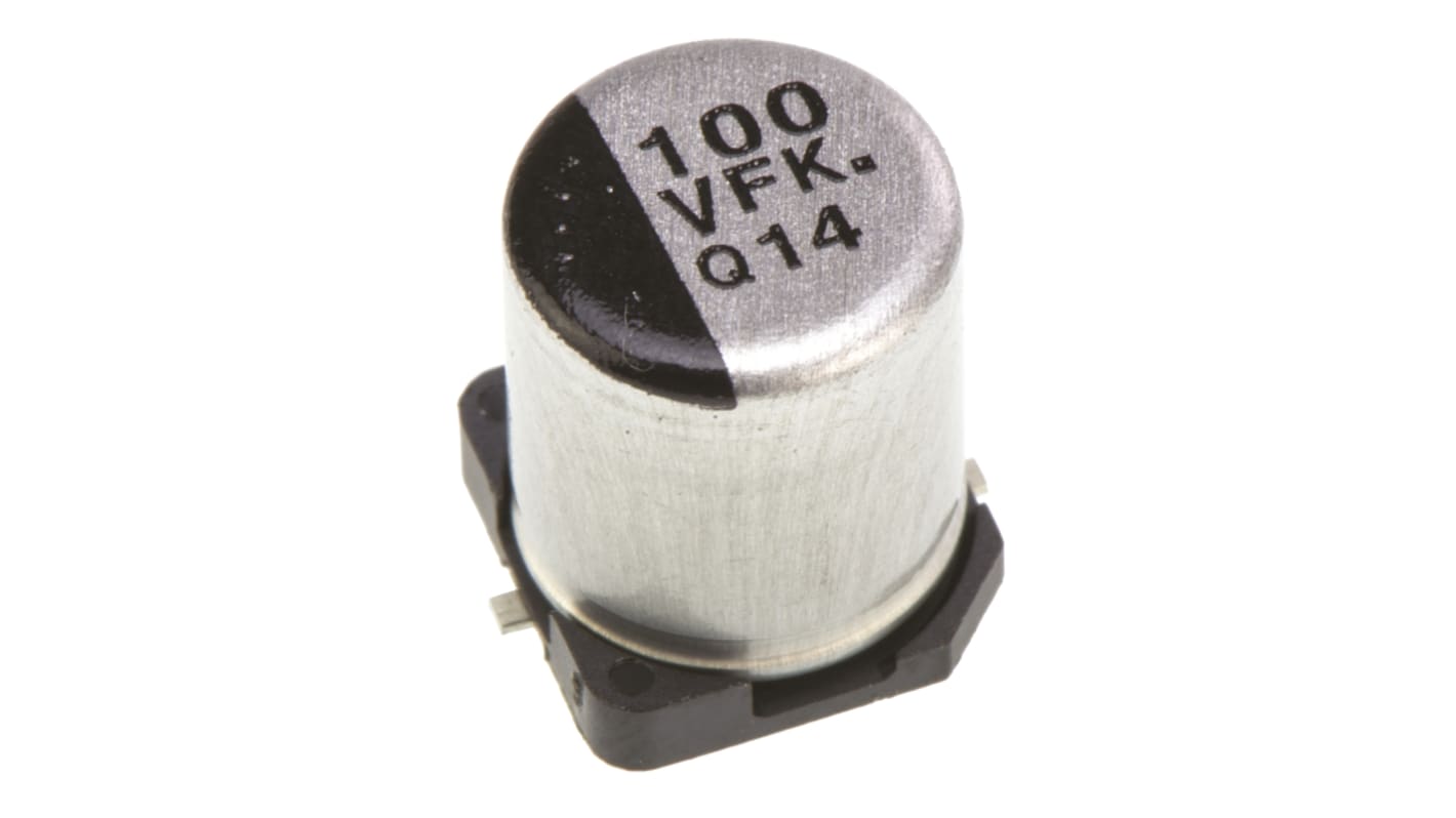 Condensatore elettrolitico Panasonic, serie FK, 100μF, 35V cc, ±20%, +105°C, SMD