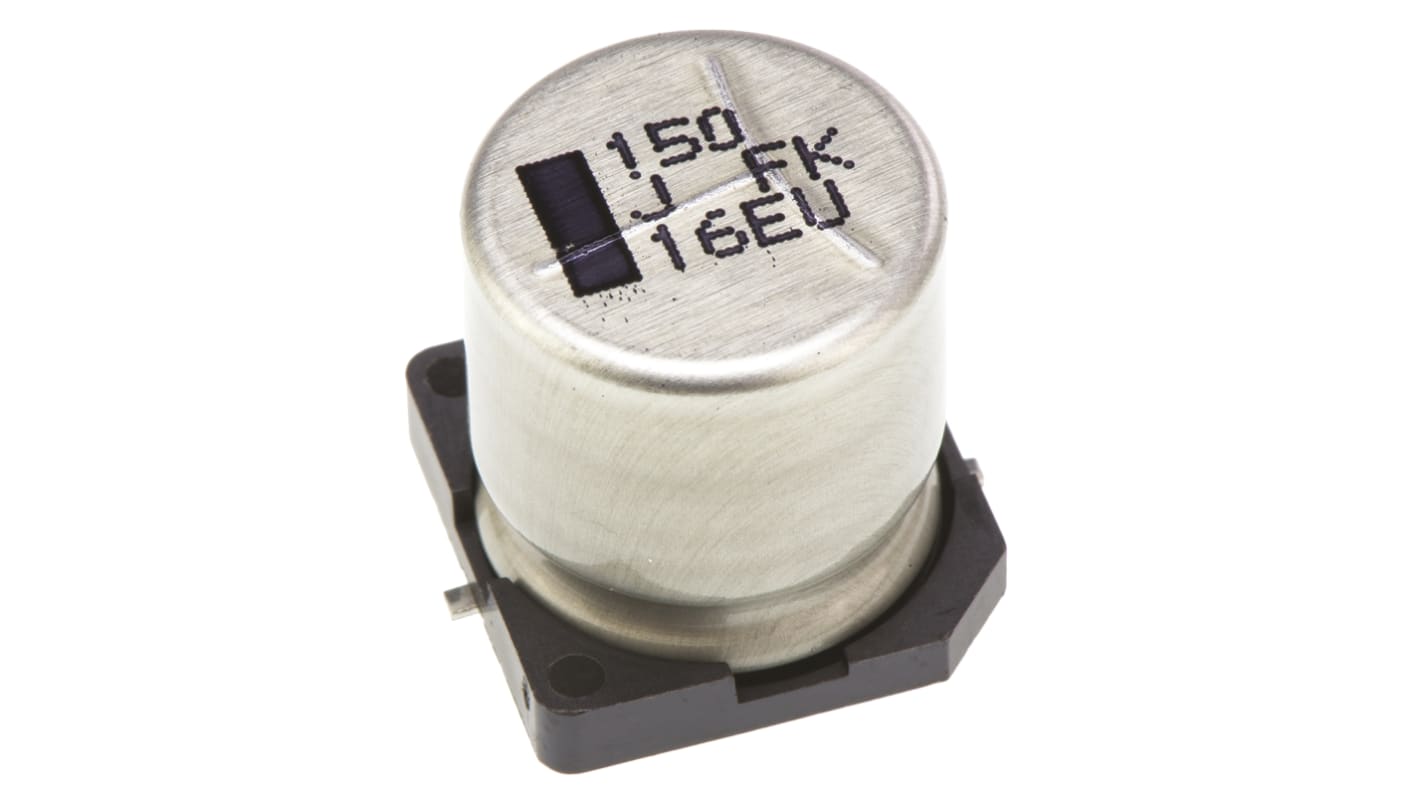 Panasonic , SMD Aluminium-Elektrolyt Kondensator 150μF ±20% / 63V dc, Ø 12.5mm x 13.5mm, bis 105°C