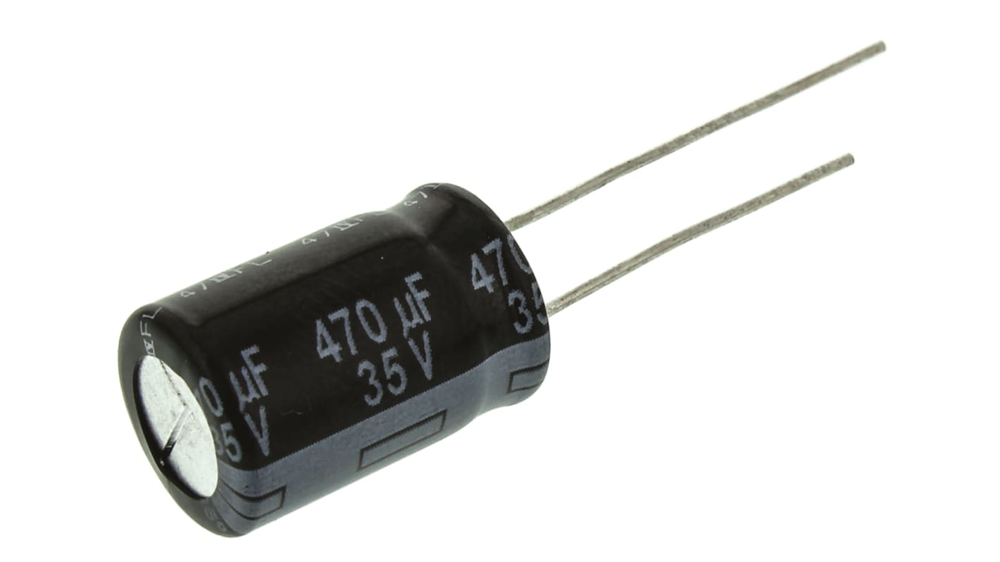 Condensatore elettrolitico Panasonic, serie FR-A, 470μF, 35V cc, ±20%, +105°C, Radiale, Foro passante