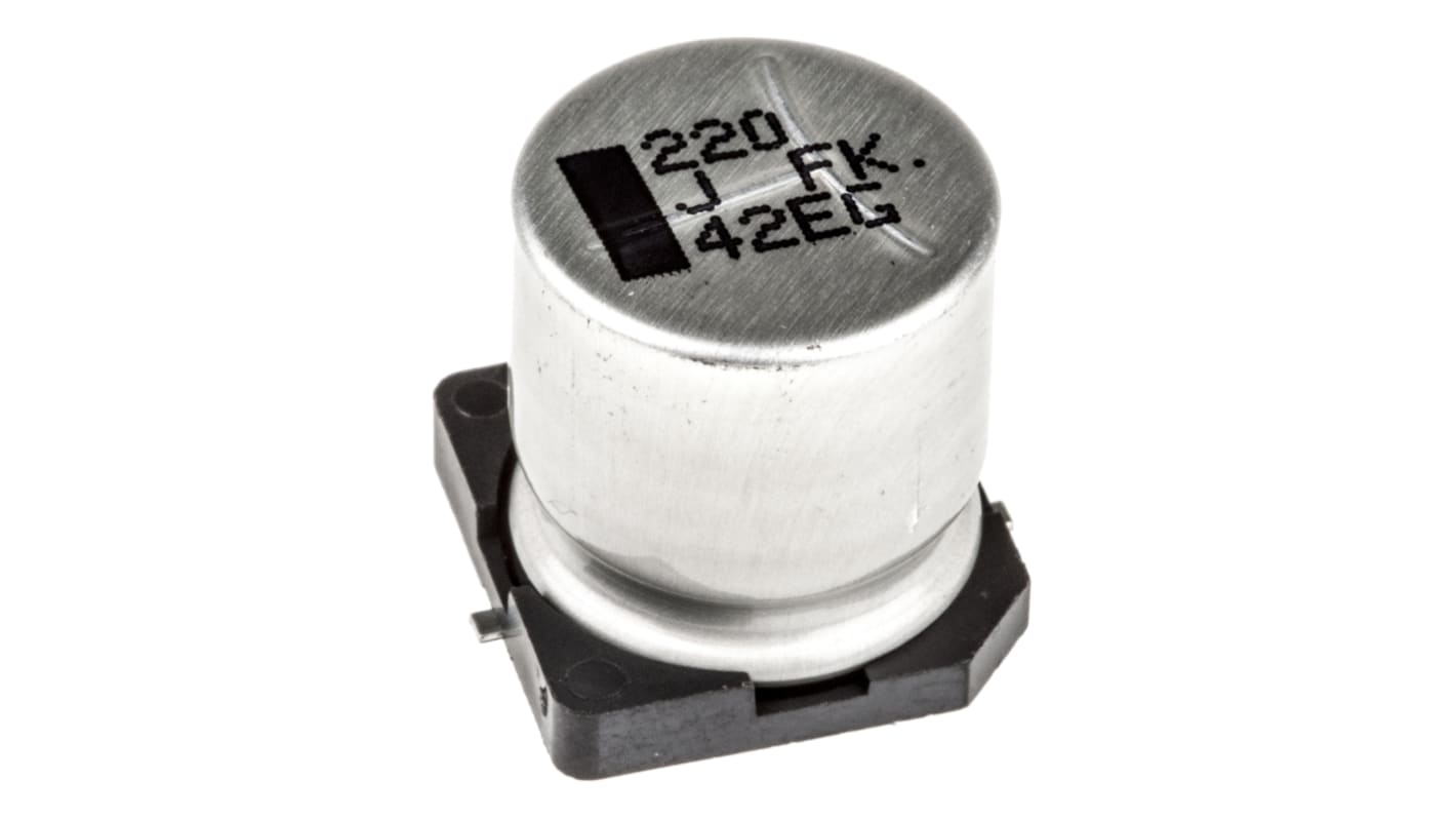 Panasonic 贴片铝电解电容, 220μF, 63V 直流, 12.5 (Dia.) x 13.5mm, 最高+105°C, FK SMD系列