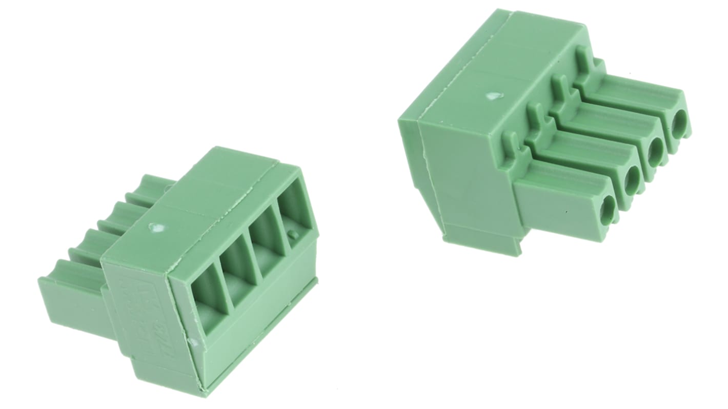 Borne enchufable para PCB Ángulo de 90° TE Connectivity de 4 vías , paso 3.5mm, 11A, de color Verde, montaje de cable,