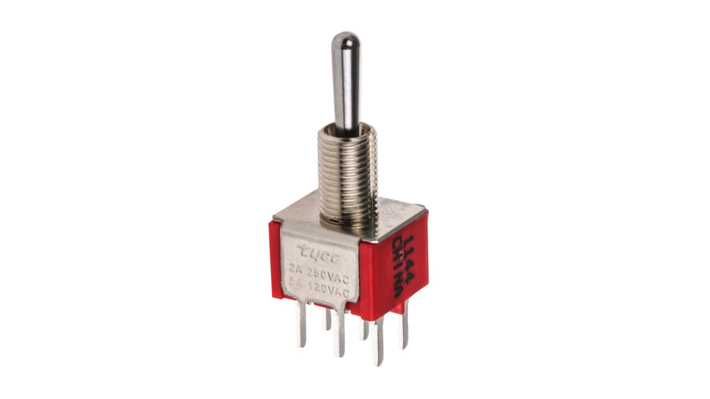 TE Connectivity Toggle Switch, PCB Mount, (On)-Off-(On), DPDT, Through Hole Terminal, 120 V ac, 28V dc