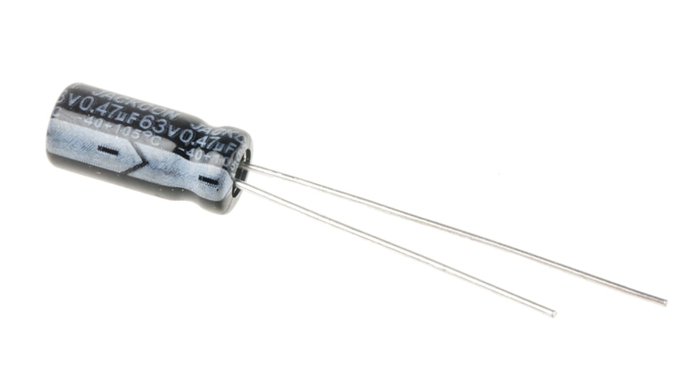 Condensador electrolítico RS PRO, 470nF, ±20%, 63V dc, Radial, Orificio pasante, 5 (Dia.) x 11mm, paso 2mm