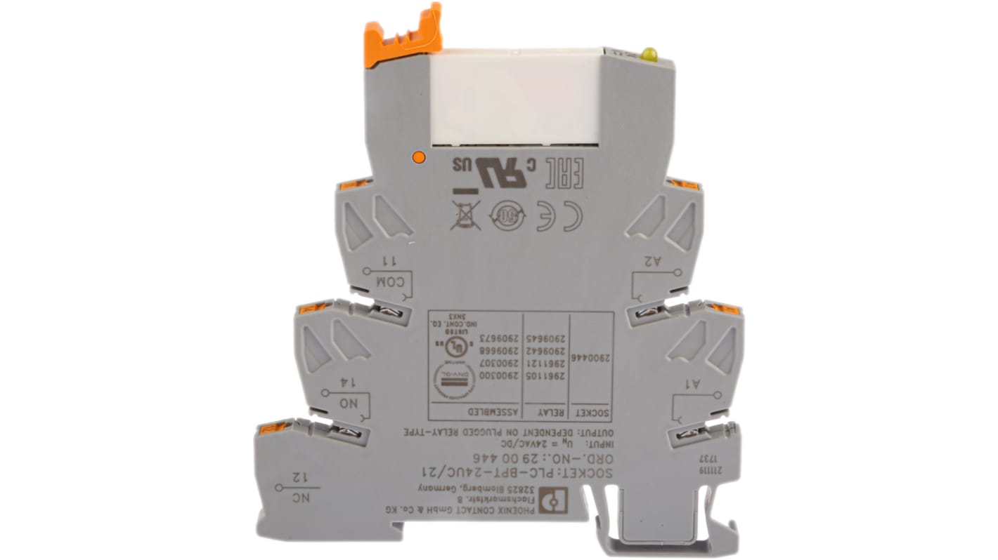 Phoenix Contact 接口继电器, 24V 交流/直流线圈, SPDT触点, DIN导轨安装, 250V开关电压, PLC-RPT- 24UC/21系列