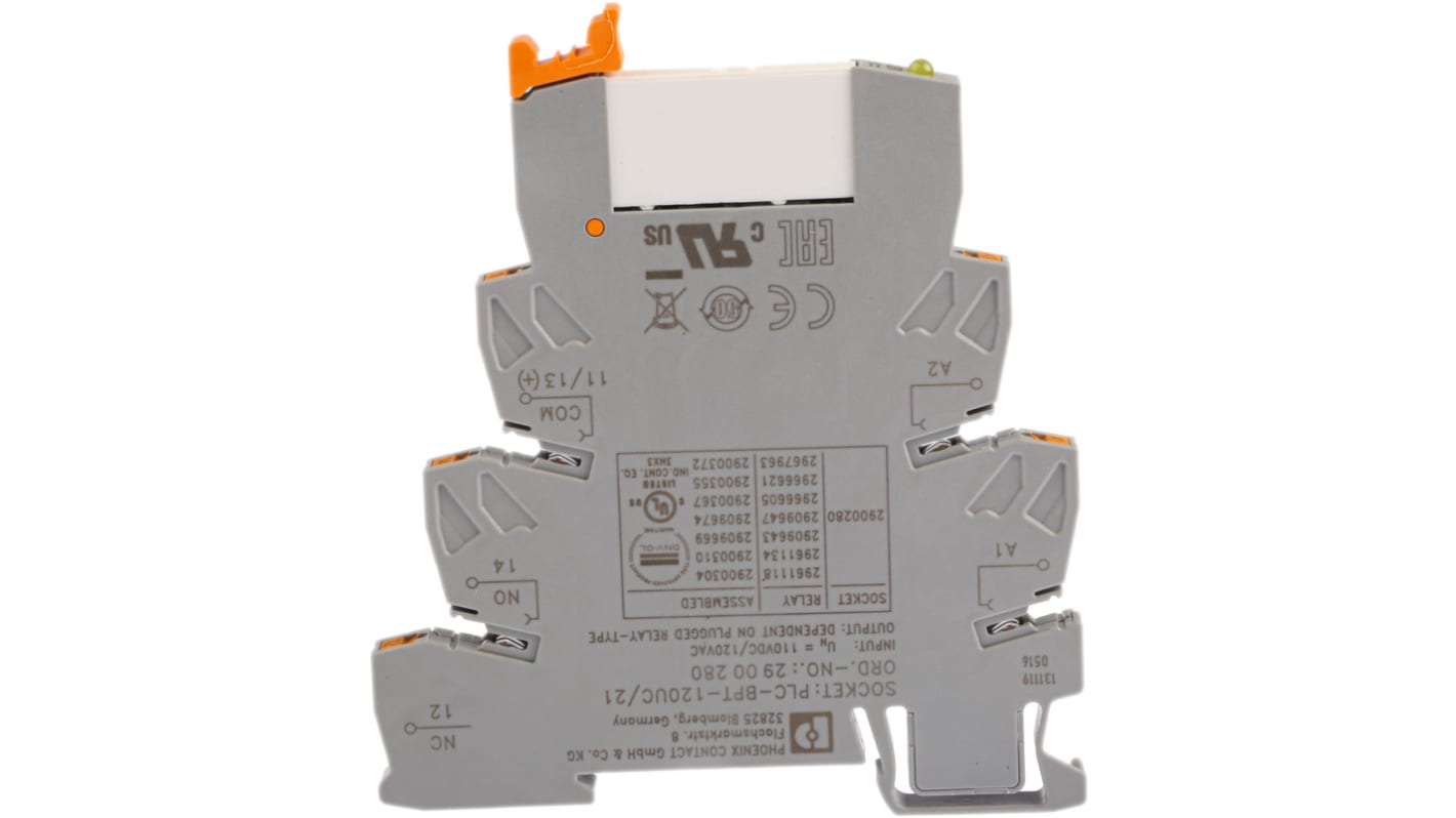 Phoenix Contact 接口继电器, 110V 交流/直流线圈, SPDT触点, DIN导轨安装, 5 → 250V 交流/直流开关电压, PLC-RPT-120UC/21系列