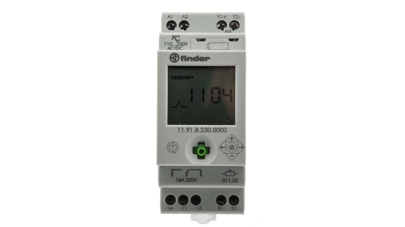 Finder 计时器灯开关, 单通道, 110 → 230V电源, 螺钉端接, 单刀双掷 + 辅助输出