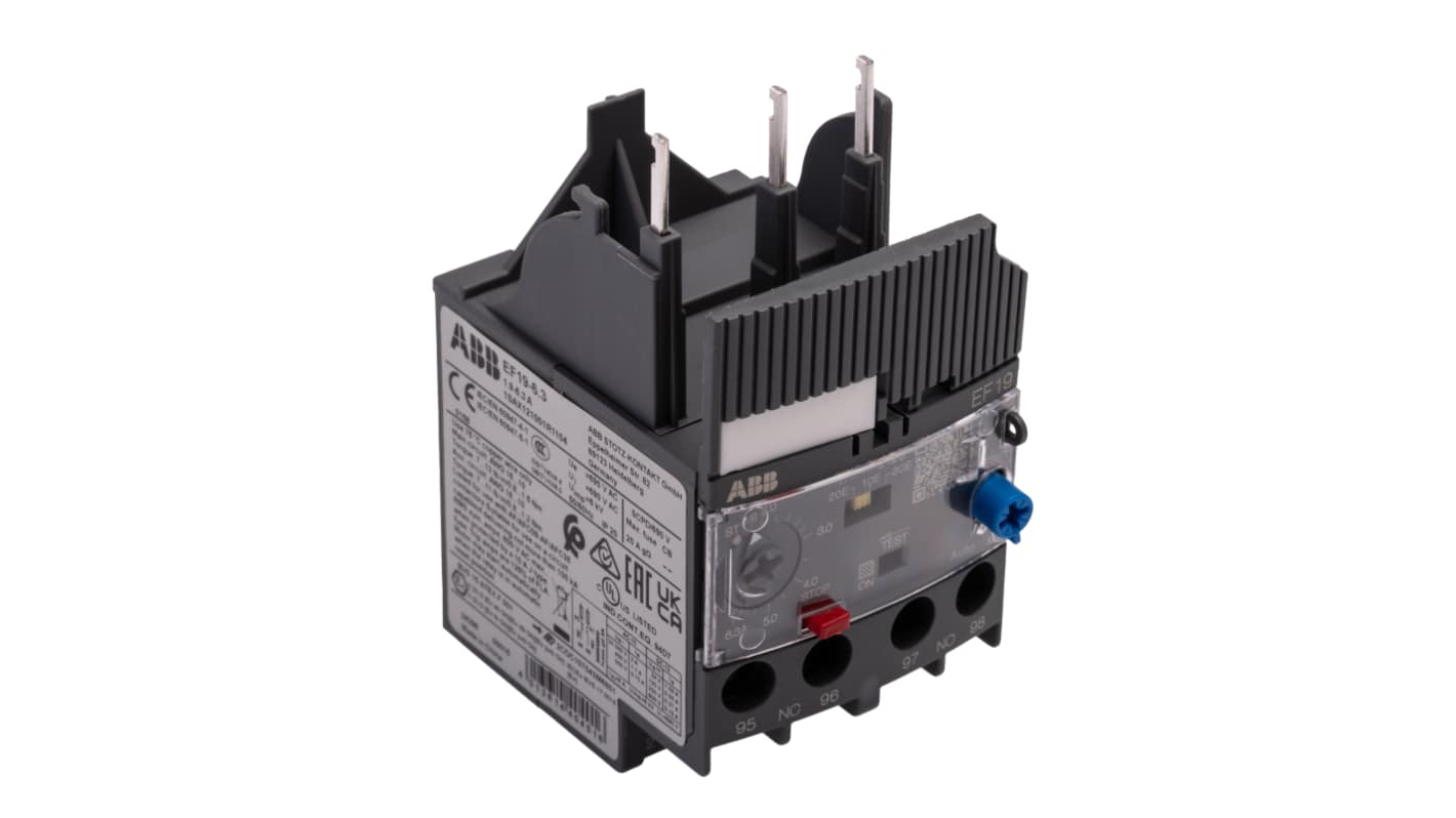 ABB 83 W自动复位热过载继电器, 600 V电源, 触点6.3 A, 1 常开 + 1 常闭, 3P, EF19系列
