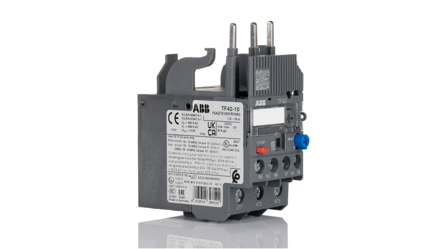 ABB TF42 Thermal Overload Relay 1NO + 1NC, 7.6 → 10 A F.L.C, 10 A Contact Rating, 2 W, 3P, AF Range
