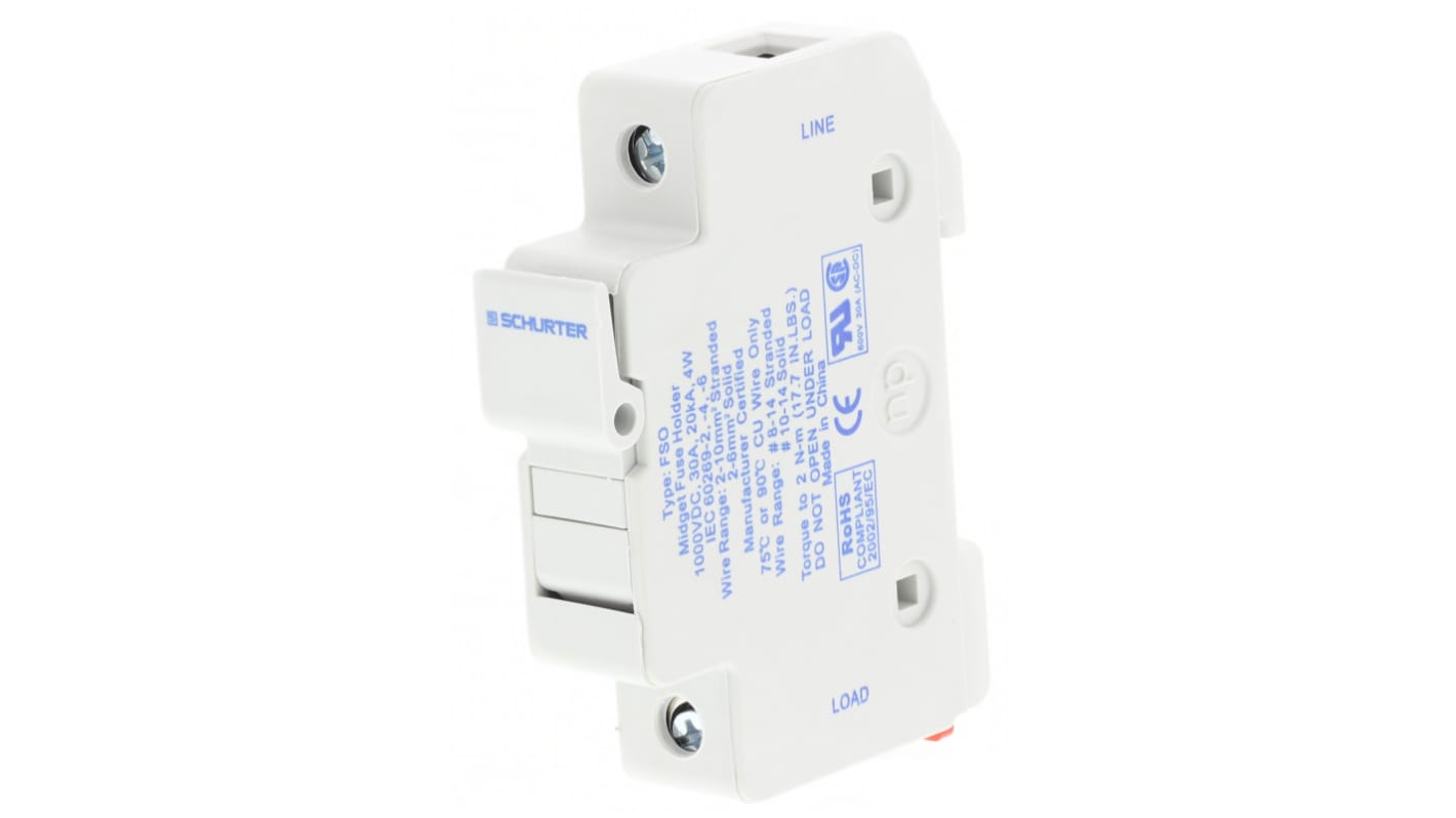 Schurter 保险丝座, 10 x 38mm尺寸, 30A, 1kV, 导轨安装, 1P, DIN 35 mm导轨