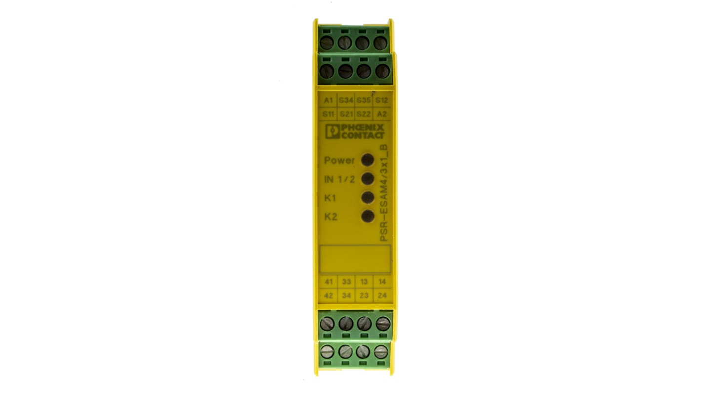 Phoenix Contact PSR-SCP Sicherheitsrelais, 24V ac/dc, 1, 2-Kanal, 3 Sicherheitskontakte Not-Aus, 1 Hilfsschalter, 4 ISO