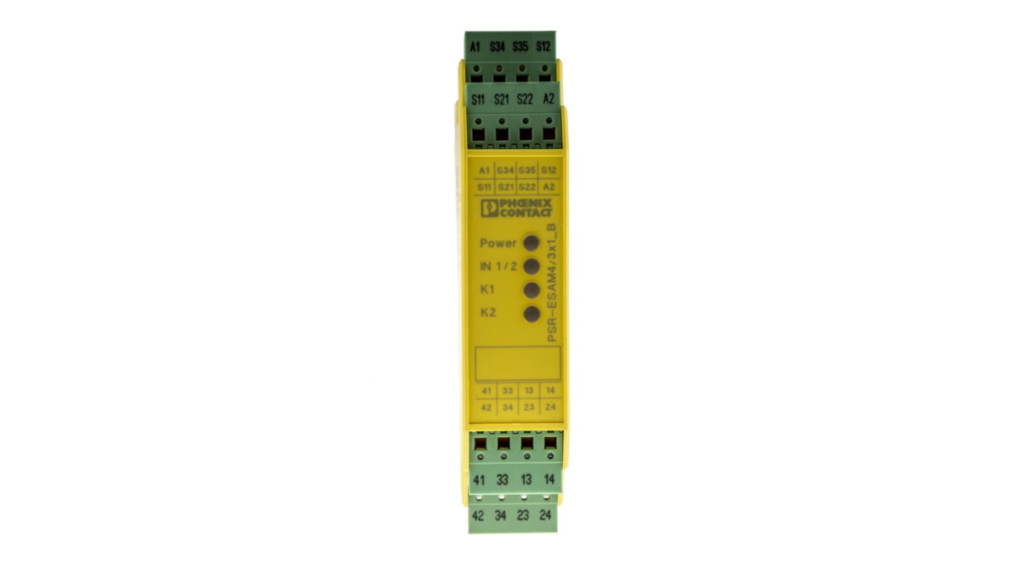 Relé de seguridad Phoenix Contact PSRclassic PSR-SPP-24UC/ESAM4/3X1/1X2/B de 2 canales, para Parada de Emergencia, 24V