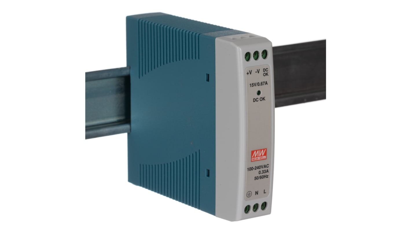 Alimentatore a montaggio su guida DIN MEAN WELL, 15V cc, 670mA, 85 → 264V ca, 10W