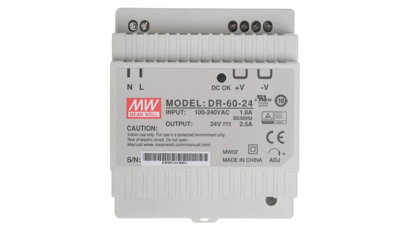 Mean Well DR Switch Mode DIN Rail Panel Mount Power Supply, 85 → 264V ac ac Input, 24V dc dc Output, 2.5A