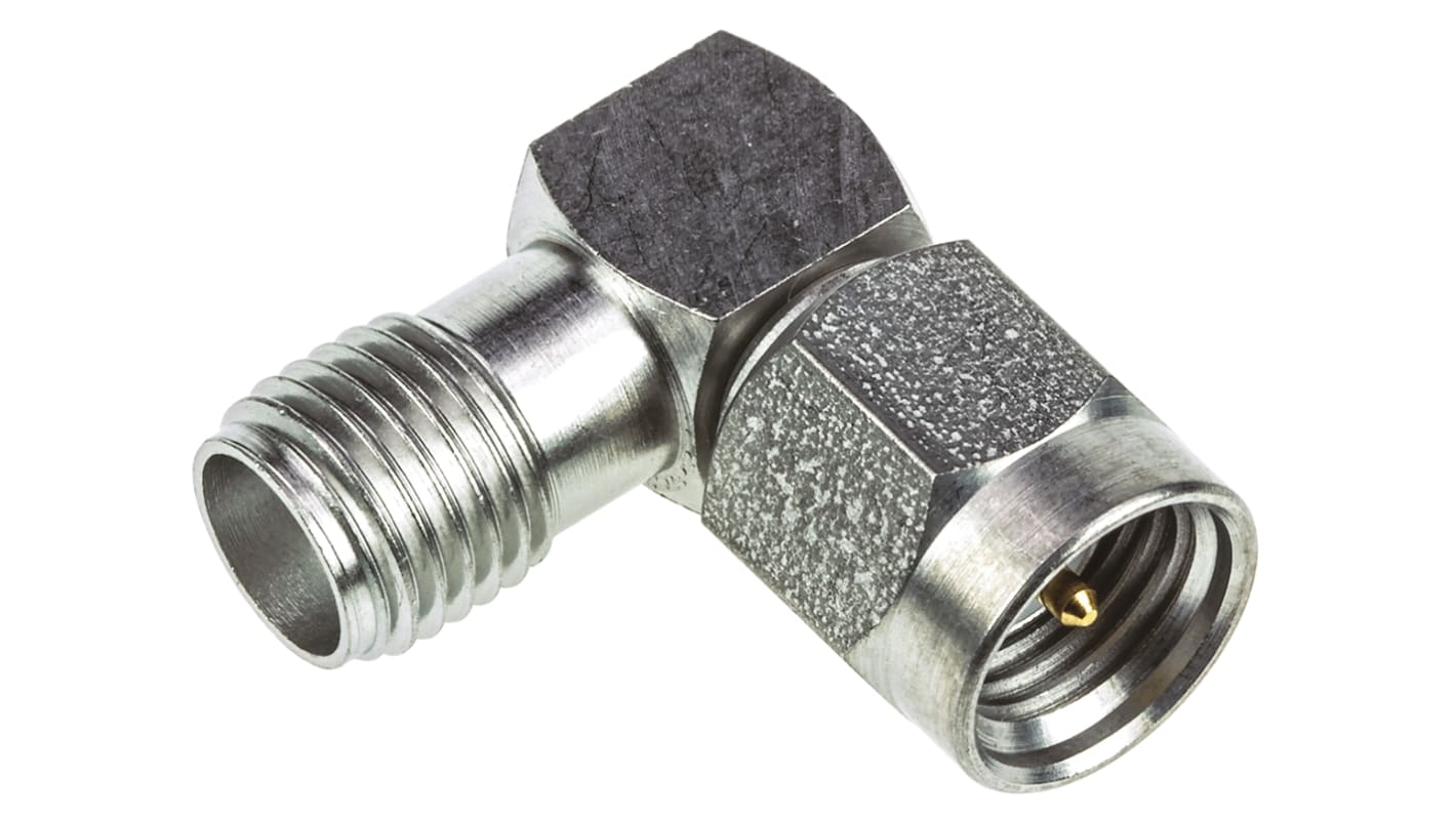 TE Connectivity Right Angle 50Ω RF Adapter SMA Plug to SMA Socket 12.4GHz