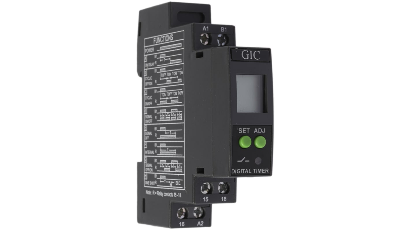 GIC DIN Rail Mount Timer Relay, 24 → 240V ac/dc, 1-Contact, 0.1 s → 999h, SPDT