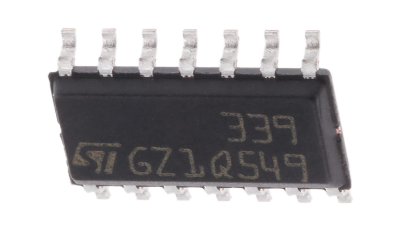 STMicroelectronics 通用比较器芯片, SOIC, 贴片安装, 双/单电源, 4通道, 1.3μs响应